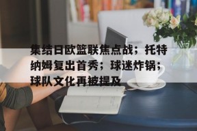 九游-集结日欧篮联焦点战；托特纳姆复出首秀；球迷炸锅；球队文化再被提及的简单介绍